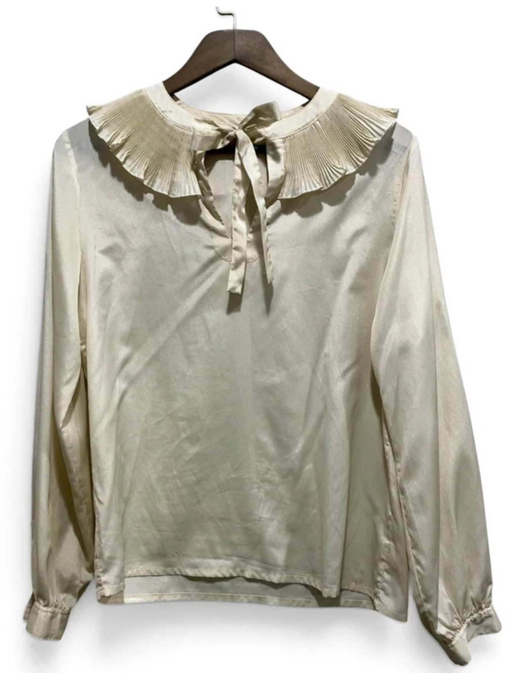 Vintage 80s Riva Satin Pleated Ruffle Collar Bow Blouse England